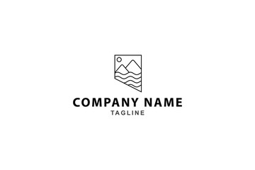 mountain logo with water waves in frame line art design