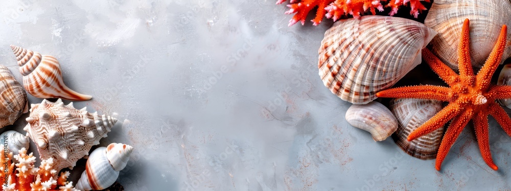 Sticker  Group of seashells and starfish against a gray backdrop Orange and white starfish positioned to the image's left