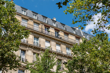 Façades d'immeubles résidentiels de style classique parisien le long d'une avenue bordée...