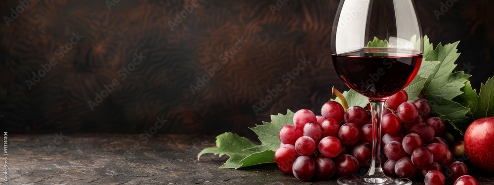 Poster  A glass of red wine, a cluster of grapes, and a bundle of green leaves on a weathered stone surface