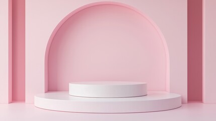 Minimalist white podium with pink arch background in soft pastel tones, perfect for product display