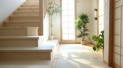   A room featuring a staircase and two potted plants positioned at opposite ends of the space