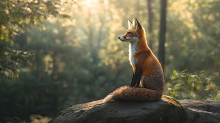 Fototapeta premium A solitary fox sitting on a rock in the forest, with trees and sunlight all around.