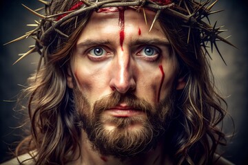 Portrait of Jesus Christ in a crown of thorns with wounds and blood on his face on a dark background
