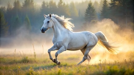 A white horse runs on the grass in a meadow in the morning fog during sunrise