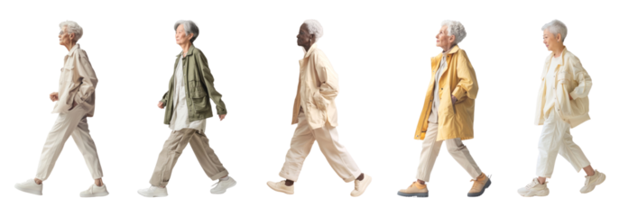 Walking senior people full body png cut out element set