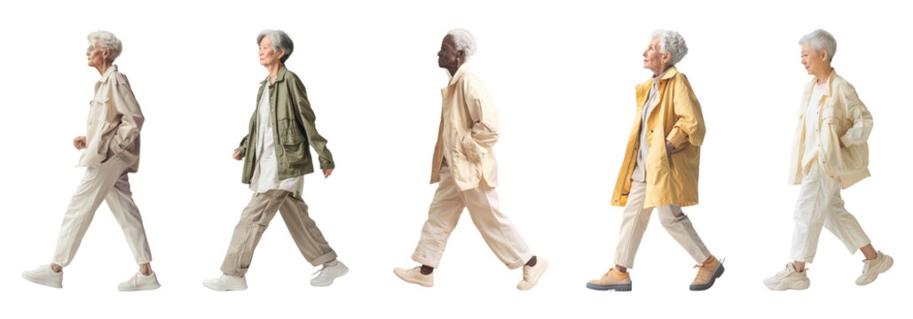Walking senior people full body png cut out element set