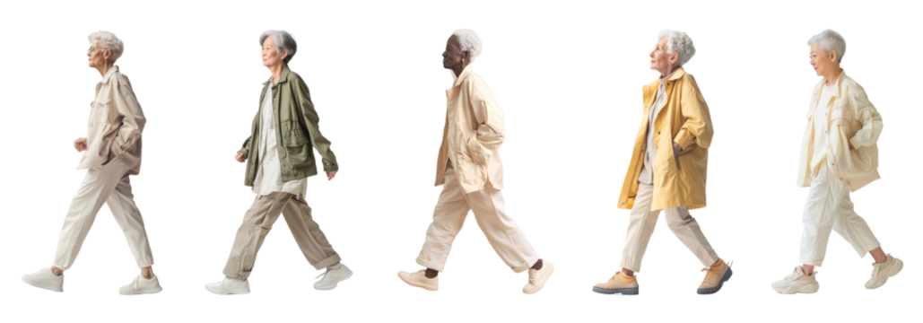 Walking senior people full body png cut out element set