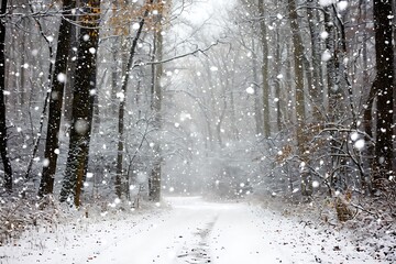 Fototapeta premium A gentle snowfall in a quiet forest, soft flakes falling onto the ground, creating a blanket of white, muffling sounds and creating a serene, peaceful winter scene