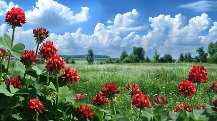   A field with red flowers in the foreground and a blue sky with white clouds in the background