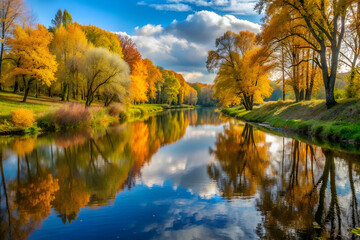 A beautiful autumn day with a river running through a park. The trees are full of leaves and the water is calm