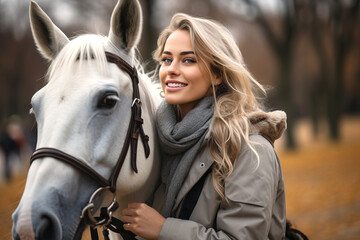Obraz premium A young woman near a horse during a walk in an autumn park