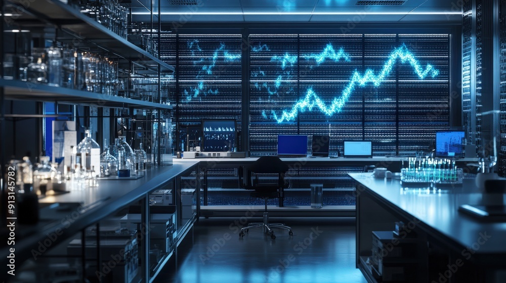 Poster a contemporary lab featuring tables with glassware and advanced technology, illuminated by ambient l