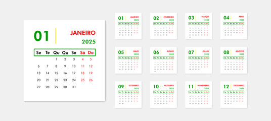 Monthly modern calendar 2025 on portuguese language in flag colors. Week starts on Monday