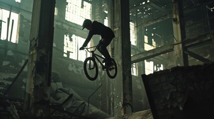 BMX Rider Silhouette in Abandoned Building.