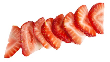 Strawberry slices arranged against a white background. Strawberries with a vibrant red hue and juicy texture are perfect for decorating desserts.