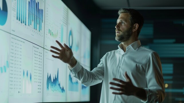 Businessman analyzing financial data on a large screen. - Powered by Adobe