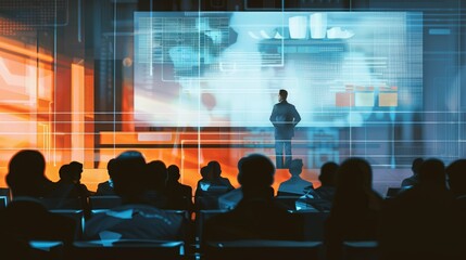 Businessman delivering a presentation to a crowd.