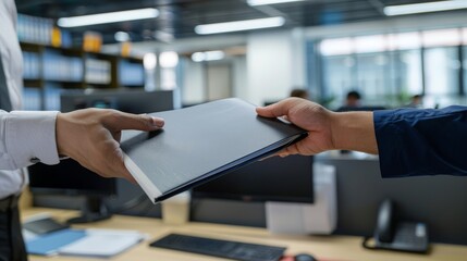 Businessman handing over a folder in an office.