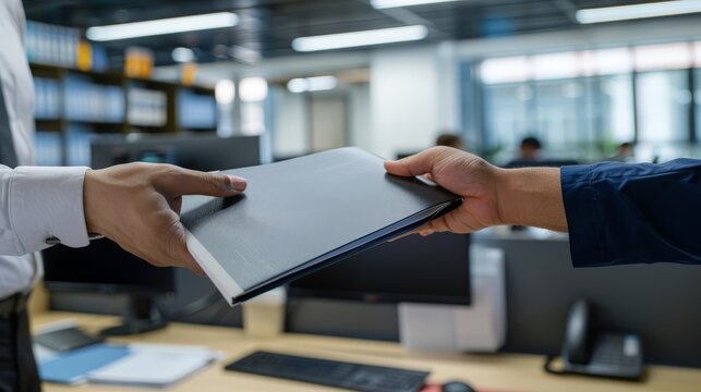 Businessman handing over a folder in an office.