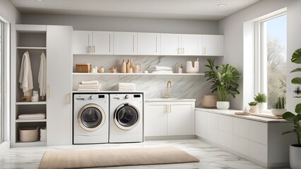 Modern minimalist white laundary room interior design with cabinet and washing machines, white color theme elegant home decor laundary room