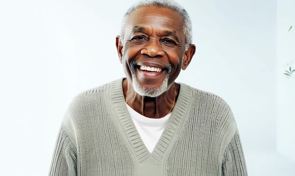 Lifestyle portrait of a Nigerian man in his 80s in a white background wearing a chic cardigan