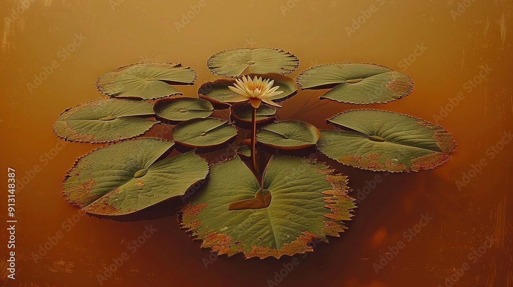 Poster   A cluster of leaves drifting atop a watery expanse featuring a solitary white bloom