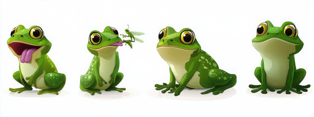 Fototapeta premium Cute green frog cartoon character in different poses. Vector illustration set of funny toad sit and croak, jump and eat by catching insect with tongue. Cheerful amphibian pond or swamp animal.
