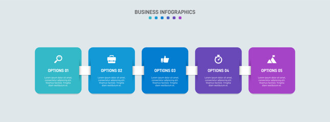 Horizontal progress bar featuring 5 arrow-shaped elements, symbolizing the five stages of business strategy and progression. Clean timeline infographic design template. Vector for presentation