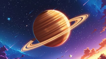 Naklejka premium An artist's depiction of a solar system featuring a prominent planet in the foreground and a backdrop of glistening stars