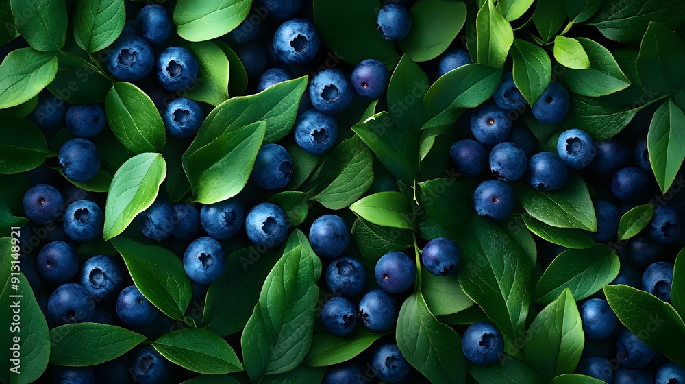 Wall mural Blueberries background with fresh blueberry fruits and green leaves. Top view of blue berries wallpaper