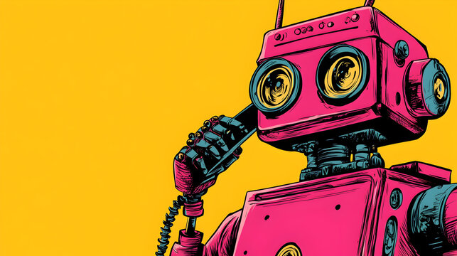 retro-style robot on the phone, depicted in a vibrant, pop-art style. 