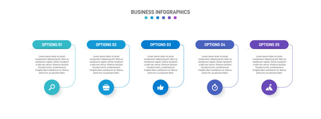 Horizontal progress bar featuring 5 arrow-shaped elements, symbolizing the five stages of business strategy and progression. Clean timeline infographic design template. Vector for presentation