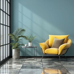 Modern interior design with a yellow armchair, blue wall, grey marble floor, and side table with a green plant.