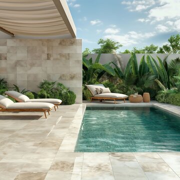 An outdoor pool area with light beige marble tiles, sun loungers, plants, and smooth tadel Flourite porcelain pavers.