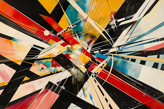 A kinetic burst of intersecting lines and intense hues, bold blacks and whites, capturing a sense of movement, Constructivist style