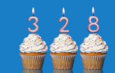 Birthday Cupcakes With Candles Lit Forming The Number 328