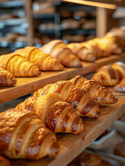 Rows of freshly baked croissants on wooden shelves