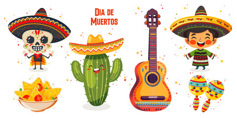 Vector set of a cartoon characters for a Mexican Dead day. Dia de Muertos party elements. Skull wearing sombrero, nachos, cute cactus, man wearing sombrero, maracas and guitar. 