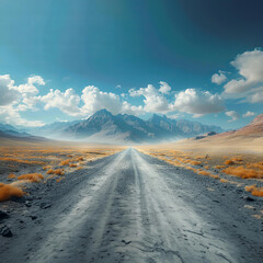 A dirt road stretches through a desert landscape, framed by distant mountains under a clear blue sky.
