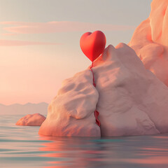 Fototapeta premium A surreal bright pastel background with a heart on a sea cliff, minimal concept