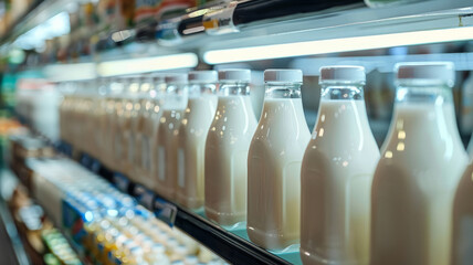 Line of milk bottles on a refrigerator shelf in a grocery store