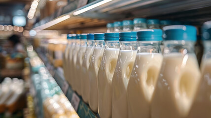Row of milk bottles on a supermarket shelf