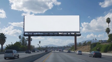 A mockup of a blank billboard in the middle of the highway with cars passing below