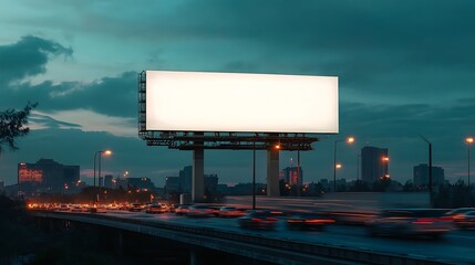 A mockup of a blank billboard in the middle of the highway with cars passing below