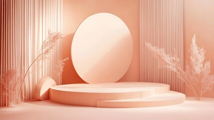 A minimal mockup stage design with shapes that comes in three different size in a unsymmetrical composition, soft and dreamy depiction, linear illustration, soft peach pantone color