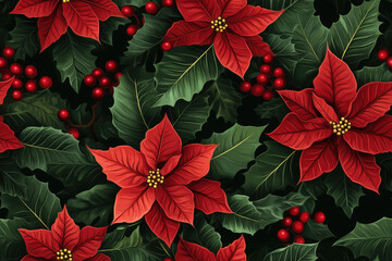 Seamless christmas pattern featuring red poinsettia and holly leaves on a black background