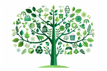 Obraz premium Eco-friendly illustration of a tree filled with green symbols promoting sustainability and environmental protection