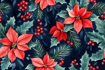 Watercolor christmas seamless pattern with red poinsettia and holly leaves on dark background