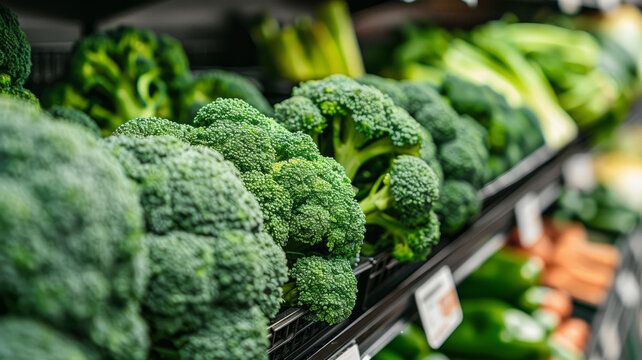 Broccoli on display in a supermarket.